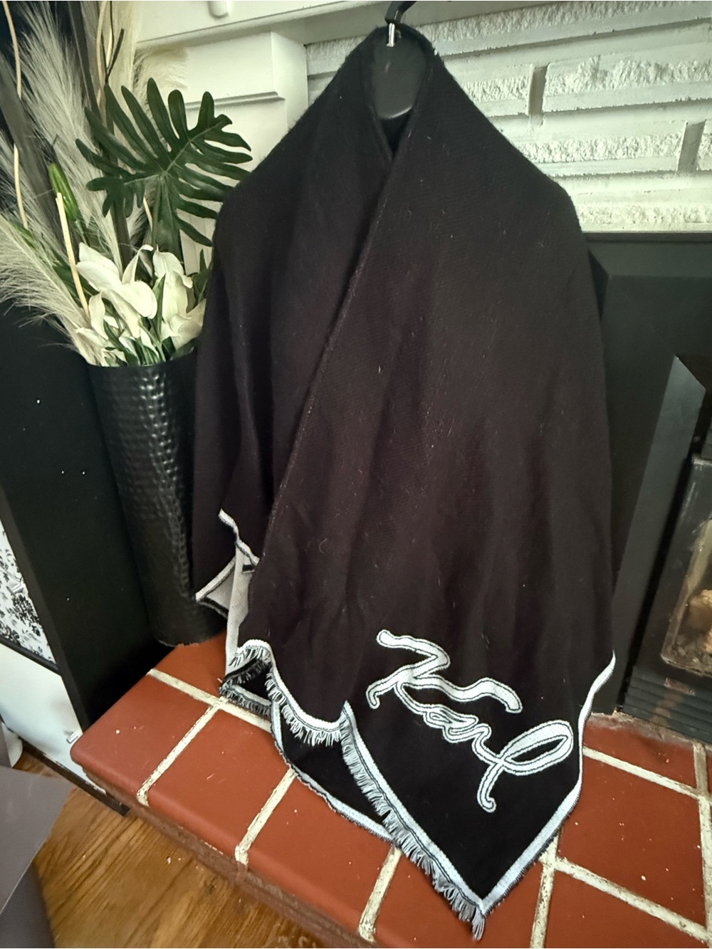 Karl Lagerfeld Black Shawl Poncho Sweater with White Script Trim - One Size
